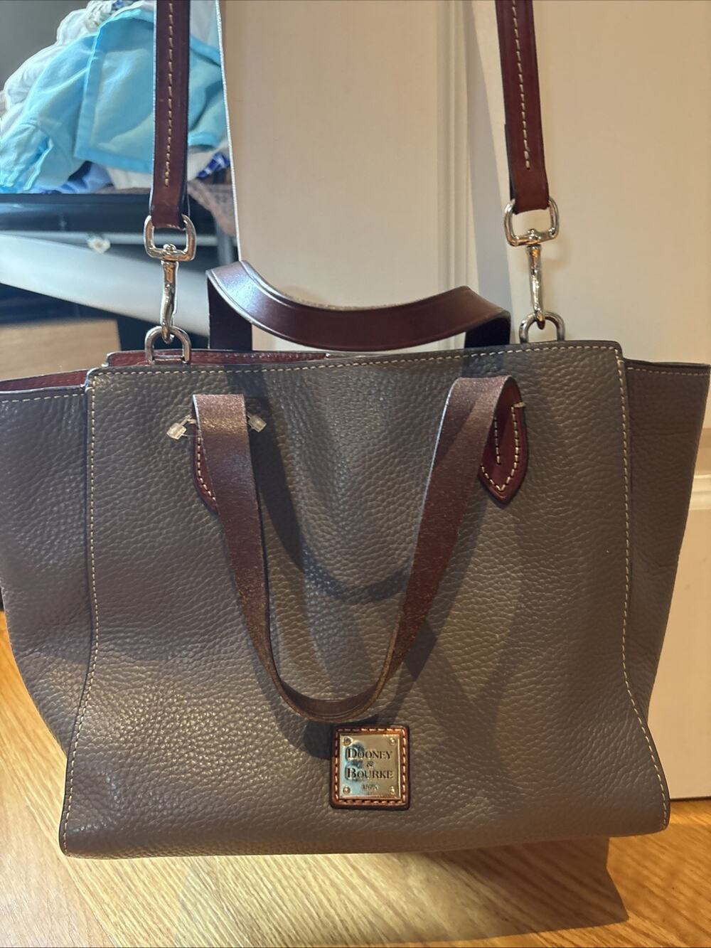 Dooney & Bourke Leather Medium Tote Handbag Purse Elephant Grey And Brown Strap